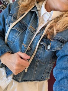  Women's Blue Jacket with Gray Hoodie Long Sleeves  - Picture 1 of 9