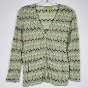 Sigrid Olsen Cardigan Sweater Womens M Green Tan Blue V-Neck lightweight Button - Picture 1 of 10