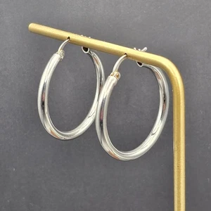 Sterling Silver 925 Hoop Earrings 1.25" Round Polished Classic Design 3mm Thick - Picture 1 of 6