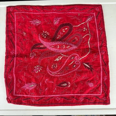 NWOT Christmas Red Bling Pillow Cover Only Paisley Bling Embroidery 15in Square - Image 1 of 4