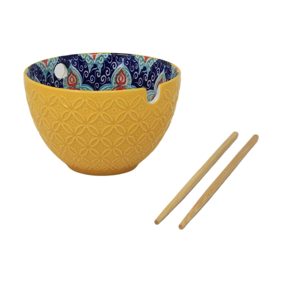 Bowl Yellow Mediterranean Tuscany Bohemian Ceramic Design Noodle with Chopstick - Image 1 of 1