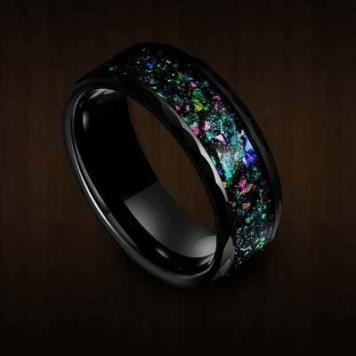 多色钨银河蛋白石镶嵌极简主义男女通用结婚戒指 - 8 毫米 — 第 1/3 张图片