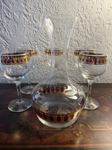 Culver Valencia Cranberry 22K Gold Karaffe & 5er Set Weingläser MCM Lesen - Bild 1 von 24