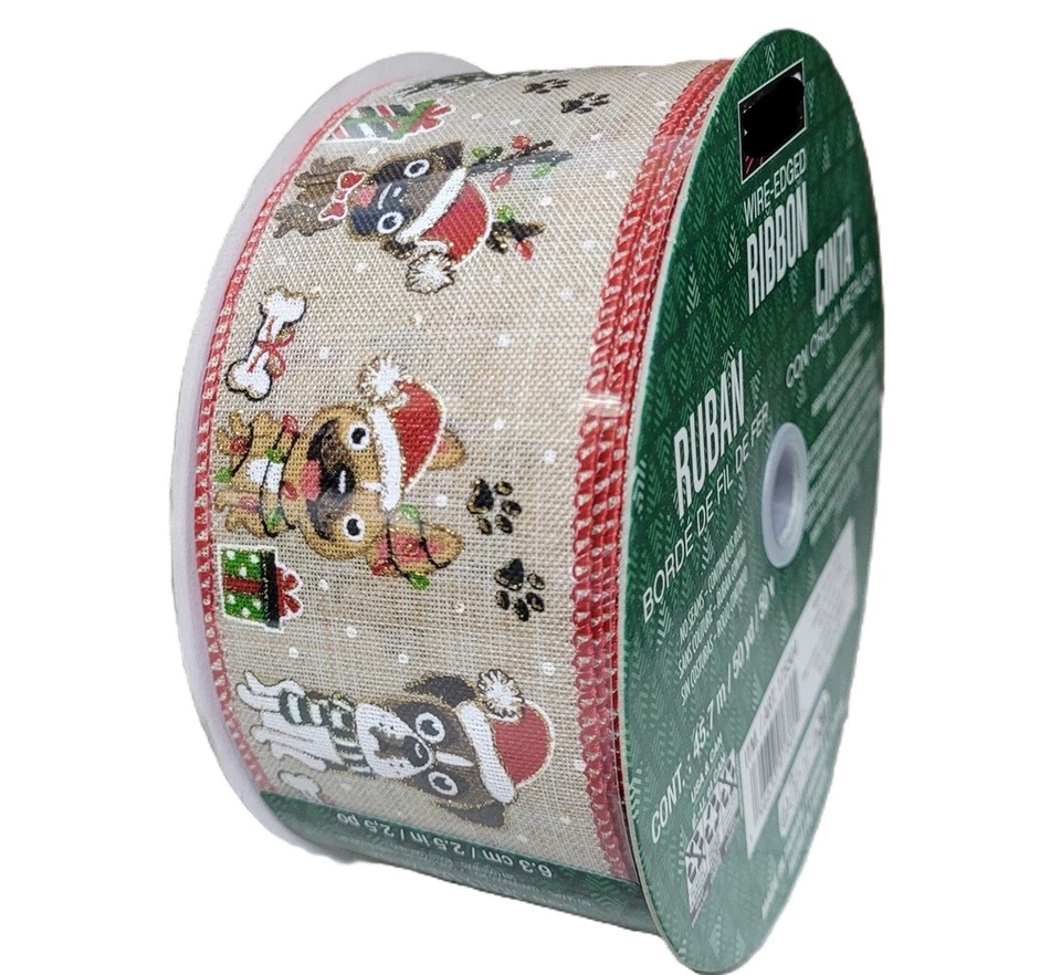 Kirkland Christmas Wire-Edged Ribbon Dogs Puppies Pets 2.5" wide 50 yards Wrap