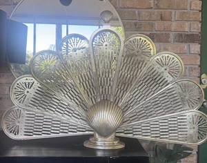Vintage Brass Peacock Fireplace Screen Seashell | Hollywood Regency Mid Century  - Picture 1 of 21