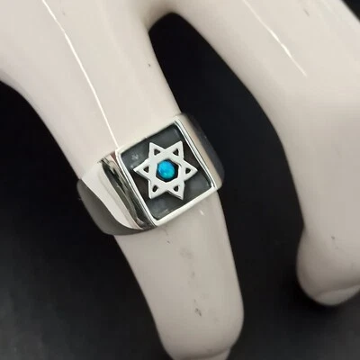 Anillo Estrella de David Hombre Ópalo Azul Plata de Ley 925 Sello Israel Regalo 10.25 Foto 1 de 4