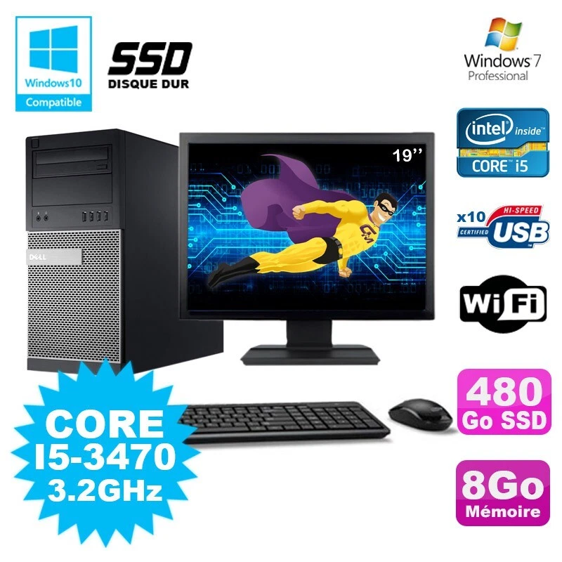 Lote PC Tour Dell 7010 I5-3470 3.2Ghz 8Go 480Go SSD DVD WIFI Win 7 + Pantalla 19 - Imagen 1 de 1