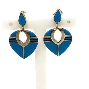 Vtg Signed Sterling Southwest Zuni Inlay Multi Stone Teardrop Dangle Earrings - Picture 1 of 8