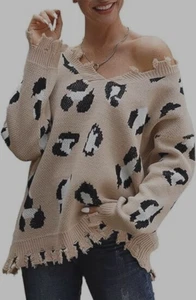 Xisoxu Women's long sleeve leopard print V-neck knit Brown loose pullover Sz 2XL - Picture 1 of 13