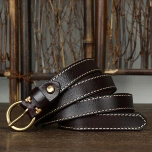 Vintage Style Women Real Leather Waistband Belt Single Prong Brass Buckle 24mm - Picture 1 of 13