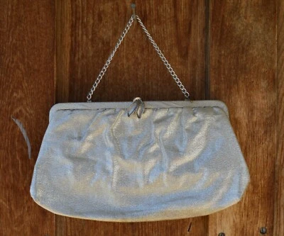VTG 1960s Silver Metallic Fabric Evening Purse Clutch w Silver Metal Leaf Clasp - Image 1 of 4