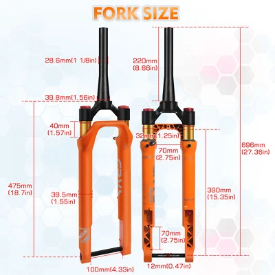 700C Road Gravel Bike Air Suspension Fork Thru Axle 45mm Offset 1-1/8" Tapered - Image 1 of 4