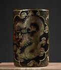 6" Old Chinese Dynasty Wood Lacquerware Gilt Dragon Poetry Brush Pot Pencil Vase