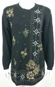 Carol Rose Womens Sweater Size Large Black Long Sleeve Beaded Front Floral - Picture 1 of 5