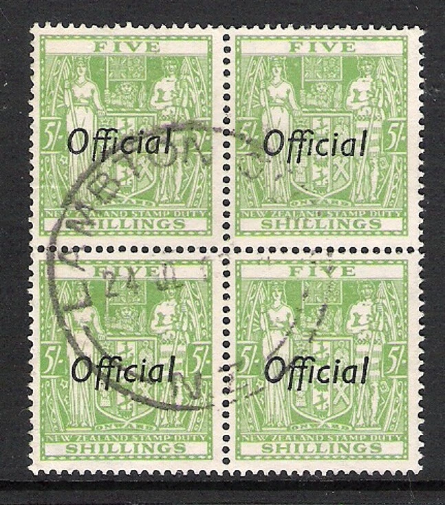 NUEVA ZELANDA ARMAS TIPO 1961 5/- VERDE OFICIAL W.8 BLOQUE (F) CP ZO33e Foto 1 de 1