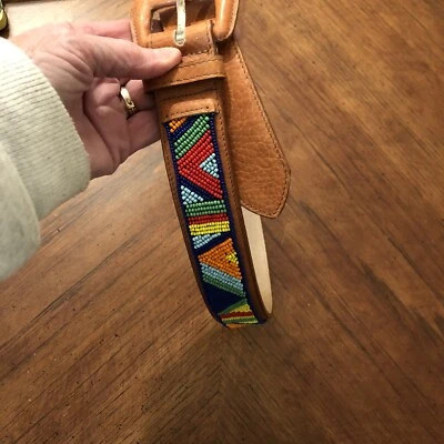Ginnie Johansen Belt Brown Leather Beaded  Western Multicolored S 31” Long - Image 1 of 4