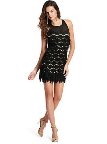 VESTIDO GUESS MARCIANO FLECOS AÑOS 20 PEQUEÑO NEGRO ALETA HALLOWEEN FIESTA GATSBY S Foto 1 de 4