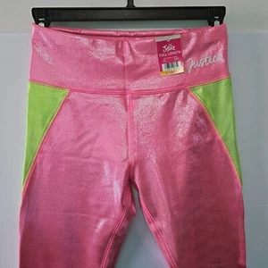 Justice Size L 12/14 Girls Full Length Color Block Leggings Pastel Pink Neon Gre - Picture 1 of 16