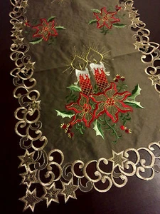 16x54"Embroidered Christmas Tablecloth Candle Poinsettia Table Runner Home Decor - Picture 1 of 2