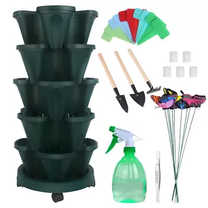 5-7 Tier Stackable Planters Vertical Planter Pot with 4 Wheels & Garden Tool Set - Picture 1 of 33