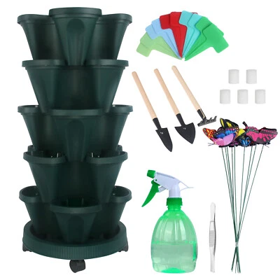 5-7层可堆叠花盆立式花盆带4轮和花园工具套装 — 第 1/4 张图片