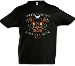 Every Witch Needs A Familiar Kids Boys T-Shirt Nerd Black Magic Cat Cats Fun - Picture 1 of 1