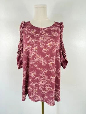 Blusa para mujer Lauren Conrad LC XL púrpura floral manga al hombro frío volantes Foto 1 de 4