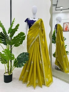 Women & Girls Wear Yellow Tesla Chiffon Saree And Stylish Blouse For Party - Picture 1 of 10