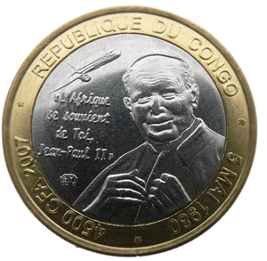 CONGO 4500 CFA FRANCOS - 3 ÁFRICA 2007 PAPA JOHN II KM BIMETÁLICO #49 GATO MONEDA $65 - Imagen 1 de 2