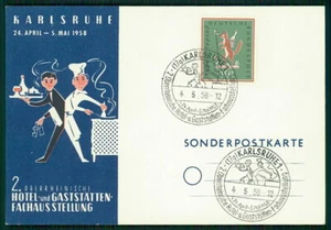 RFA TARJETA DE EXPOSICIÓN 1957 KARLSRUHE HOTEL RESTAURANTES CHEF CAMARERO ZORRO ga16 - Imagen 1 de 2