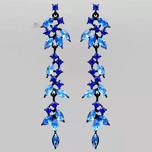 3.25 in Rhinestone Blue Crystal Dangle Earrings Leaf Gothic Wedding Jewelry 74 - Picture 1 of 4