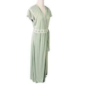 Cool Nights Stretch Knit Robe Size XL Pale Green Wrap with Lace Trim Long