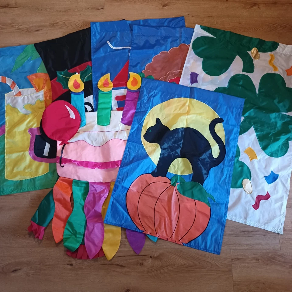 Juego de 7 banderas de jardín decorativas vintage años 90 vacaciones cumpleaños verano bienvenida Foto 1 de 4