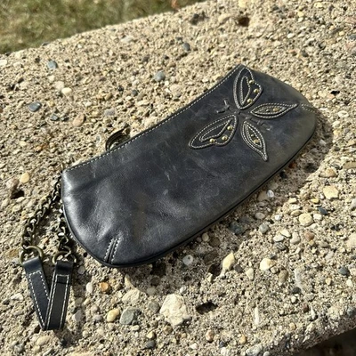 Fossil Vtg Y2K Black Leather studded Butterfly Embroidered Wristlet Clutch Purse - Image 1 of 4