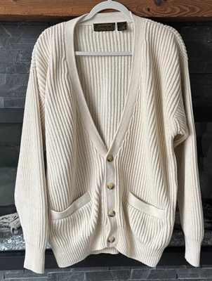 Vintage Eddie Bauer Grandpa Cream Sweater Cardigan Men Sz Large Cotton Knit - Image 1 of 4