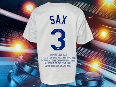 STEVE SAX AUTOGRAPHED CUSTOM LOS ANGELES DODGERS WHITE STAT JERSEY COA PSA - Image 1 of 2