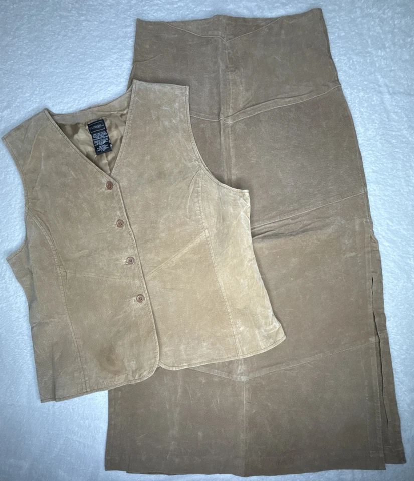Conjunto de falda y chaleco de gamuza de cuero vintage retazos maxi 9/10 abotonados tostado Foto 1 de 4