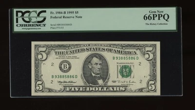 DBR 1995 $5 FRN New York Gem Fr. 1984-B PCGS 66 PPQ Serial B93885886D - Image 1 of 2