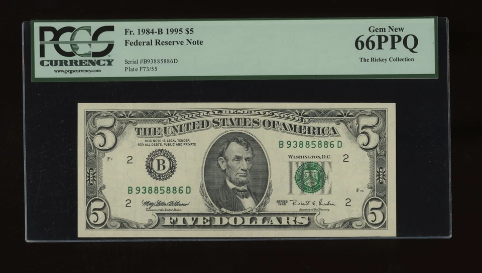 DBR 1995 $5 FRN New York Gem Fr. 1984-B PCGS 66 PPQ Serial B93885886D - Image 1 of 2