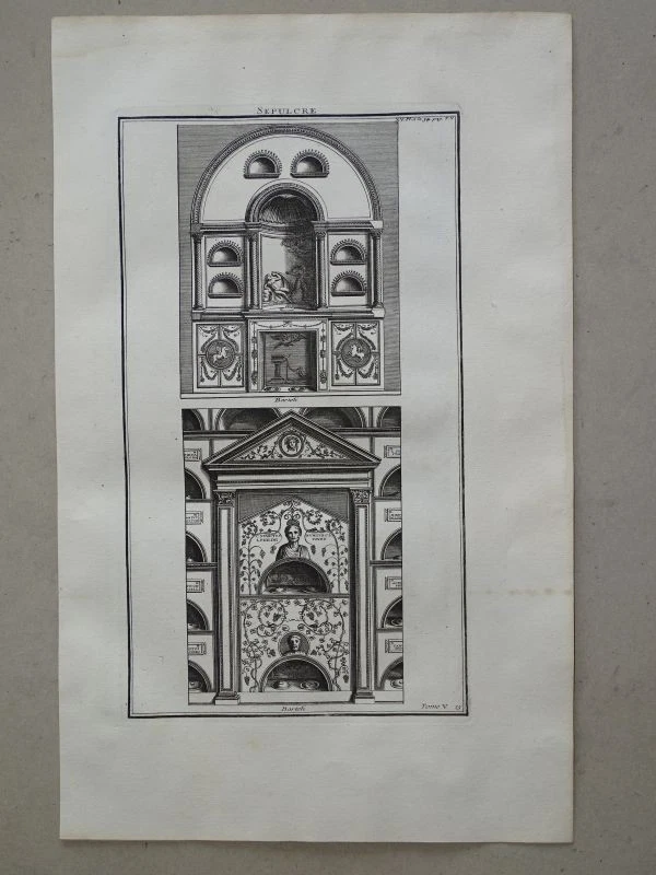 Sepulcre röm. Grabmal Kolumbarium Ornamente Baukunst Montfaucon Kupferstich 1722 - Bild 1 von 2