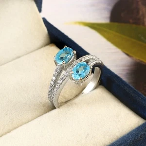 Natürlicher Blautopas Doppel Stein Ring Sterlingsilber feiner Schmuck Geschenk für Sie - Bild 1 von 8