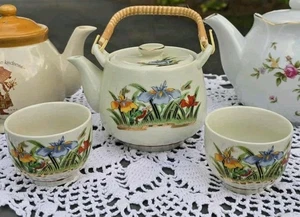 Juego de té japonés de porcelana flores pájaros mango de bambú tapa vintage - Imagen 1 de 5