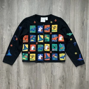 VTG Michael Simon Womens L Button Up Blouse Black Multicolor Halloween Bat Ghost - Picture 1 of 9