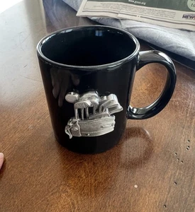 Golf Clubs Bag Coffee Cup Mug 3D Pewter Emblem Black Ceramic Golfer Vintage - Picture 1 of 4