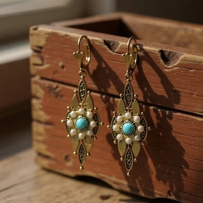 Музей серьги геометрический кластер бирюзовый жемчуг подвеской ретро золото - Изображение 1 из 4