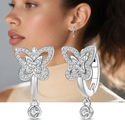 Pendientes tipo aro mariposa delicados de plata de ley 925 KUNSIR para mujer joyería regalo Foto 1 de 4