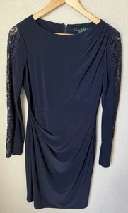 Lauren Ralph Lauren 6 Navy Blue Dress Stretch Lined Long Sleeve Lace - Picture 1 of 18