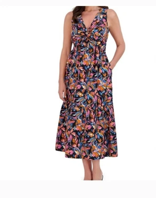 Vestido midi de algodón con frente torcido French Connection para mujer nuevo con etiquetas sin mangas en capas XL Foto 1 de 4