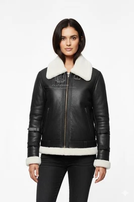 Women’s Real Lambskin Black Leather Bomber Jacket Aviator Style with Fur Collar - Image 1 of 4