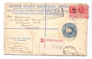 BRITISH GUIANA 1918 4c REG. LETTER UPRATED 2 x 2c TO LONDON - Picture 1 of 2